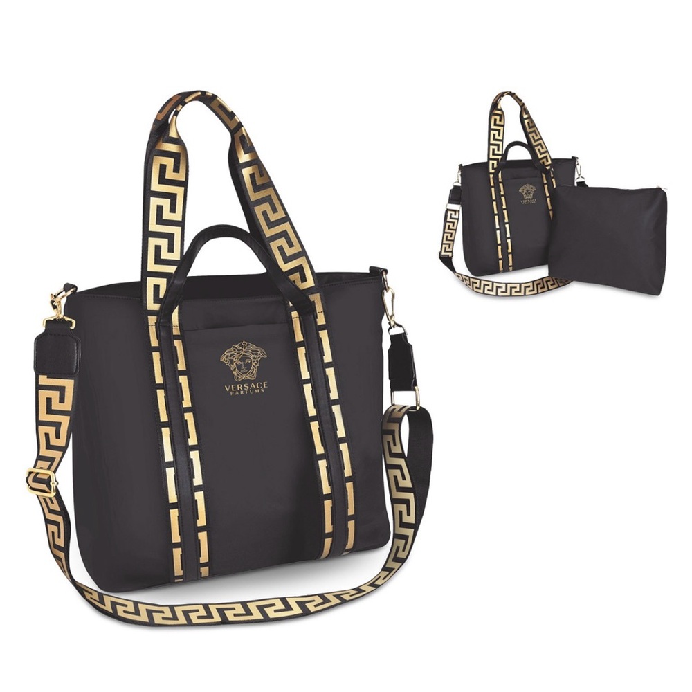 Versace Black and Gold Greek Key Tote with Removable Strap